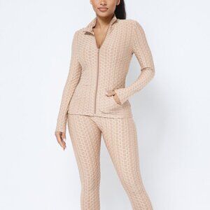 2-Piece Jacquard Honeycomb Ribbed Textured Long Sleeve Workout Set